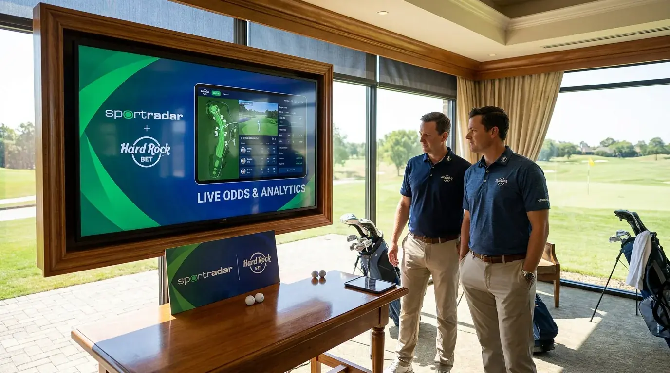 Sportradar and Hard Rock Bet partnership promotional display with golf data features