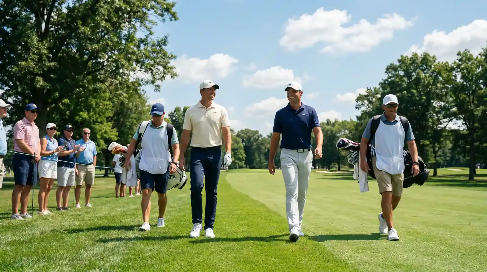 Two golfers standing at a tee box during a paired round with caddies and spectators