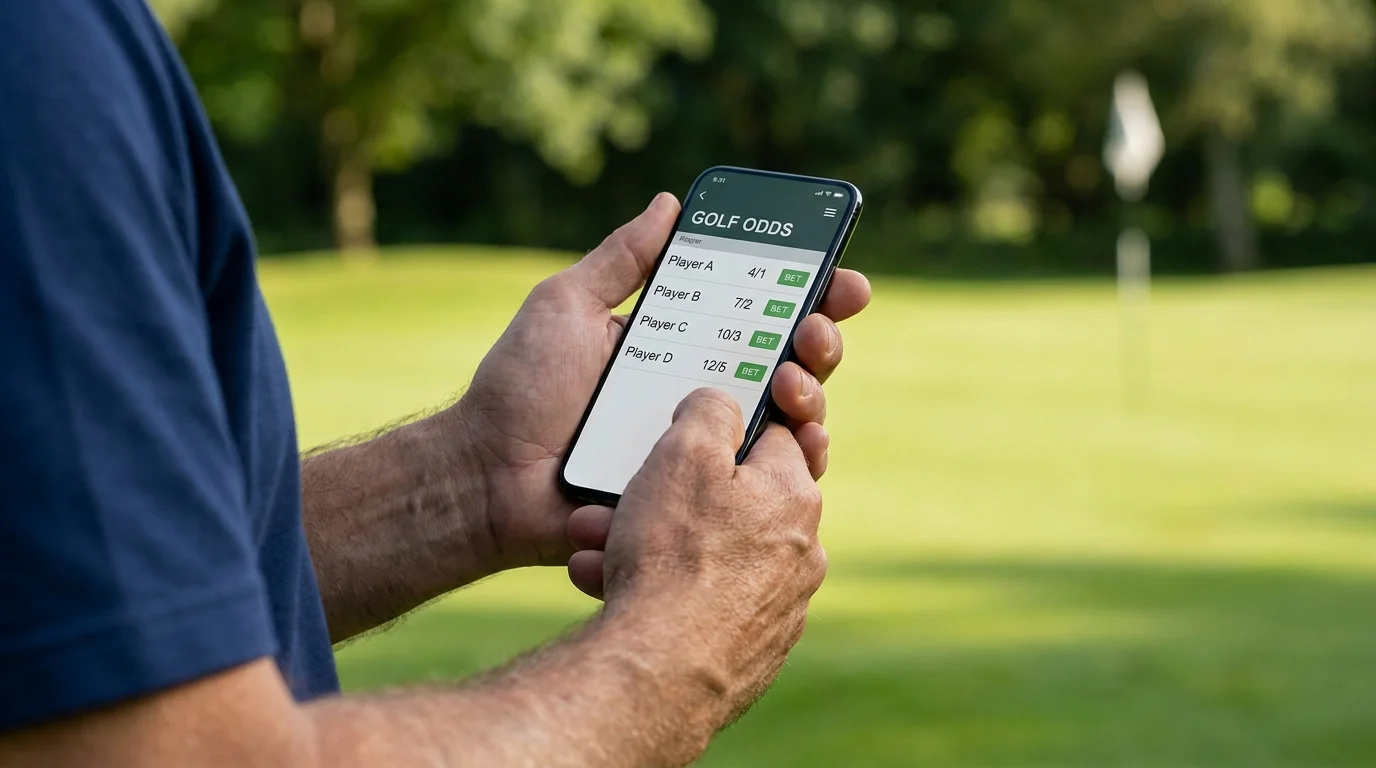 Smartphone displaying in-play golf betting markets with live odds and bet slip