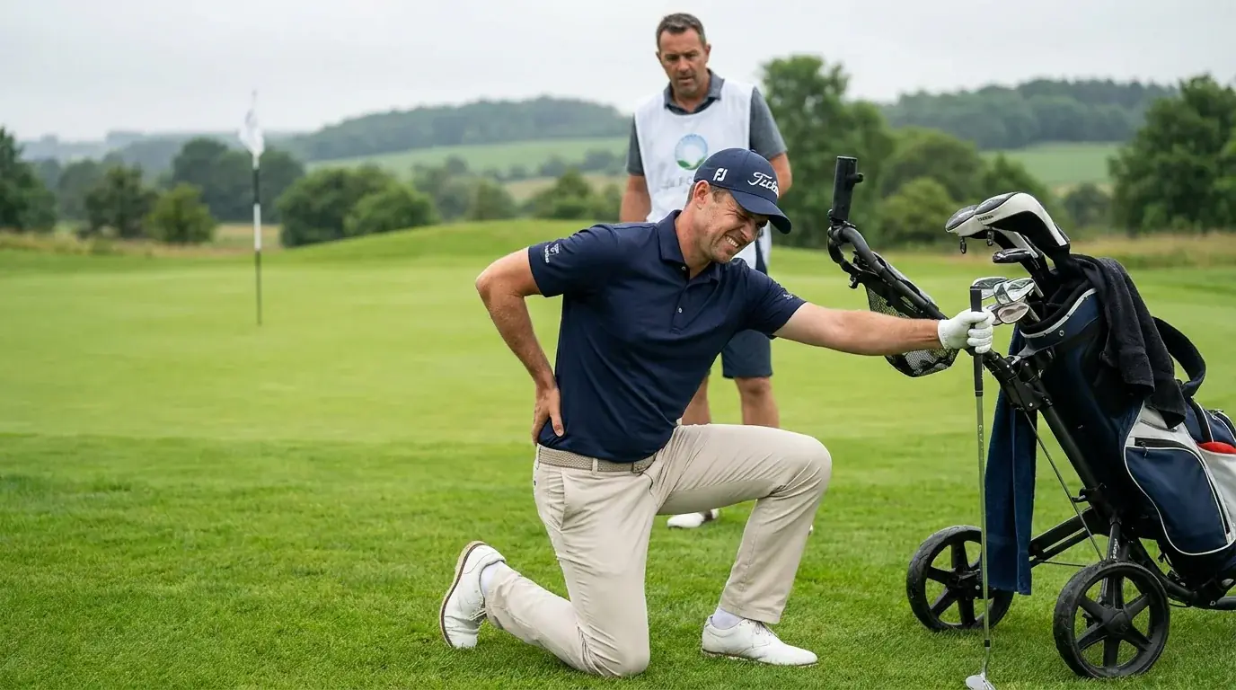 Golfer stretching on the fairway showing discomfort as a fitness concern during play
