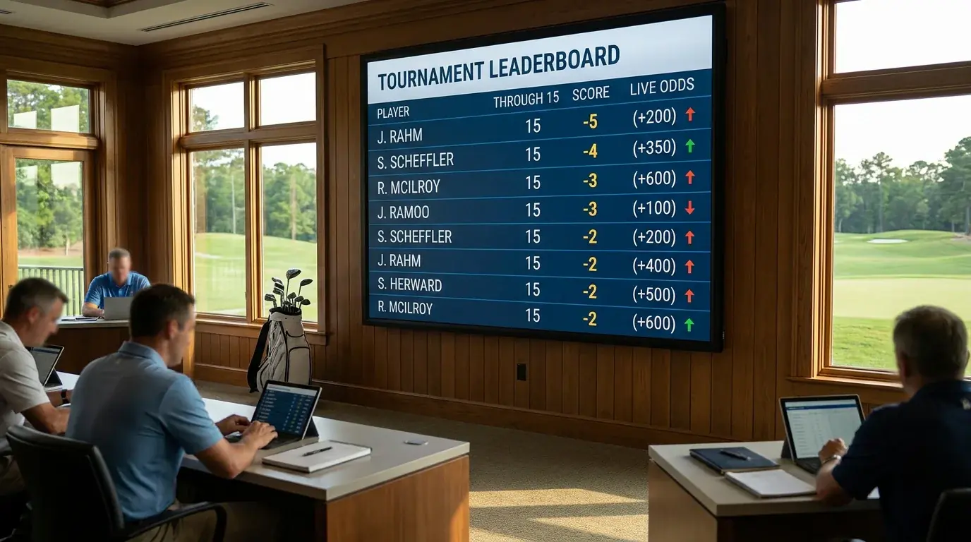 Tournament leaderboard display with in-play odds shifting alongside scores