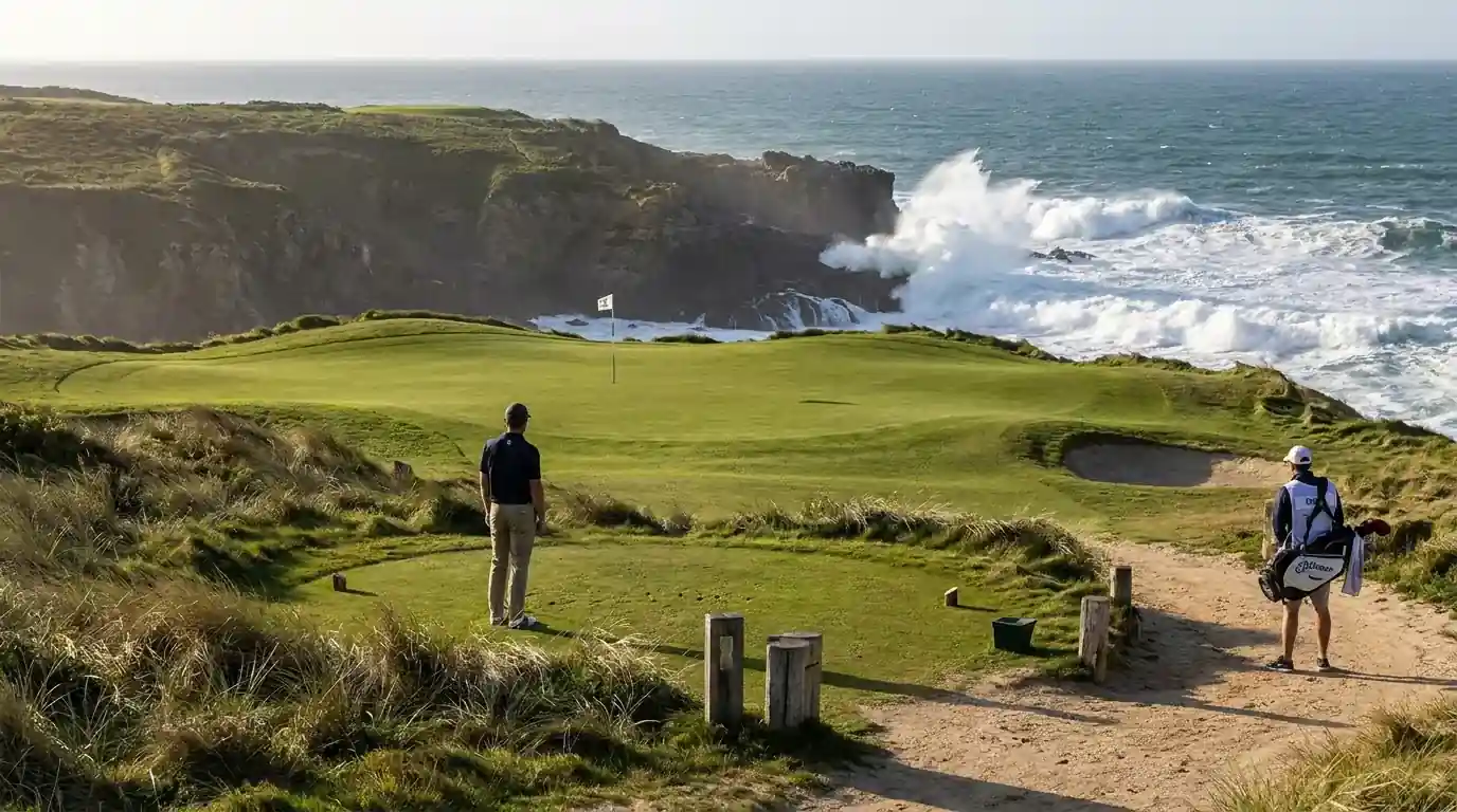 Coastal links par-3 with waves crashing behind the green and wind blowing the flag