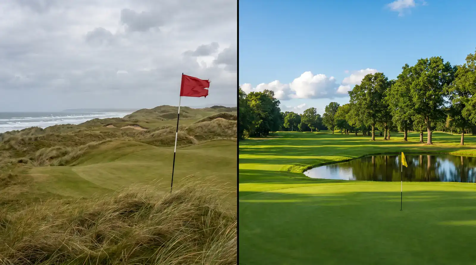 Split view comparing a links golf course with coastal wind and a parkland course with tree-lined fairways