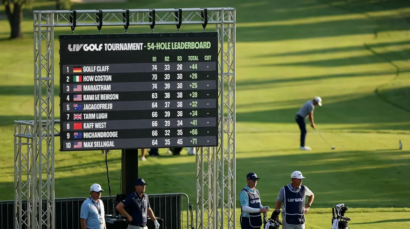 LIV Golf scoreboard showing 54-hole standings without a cut line