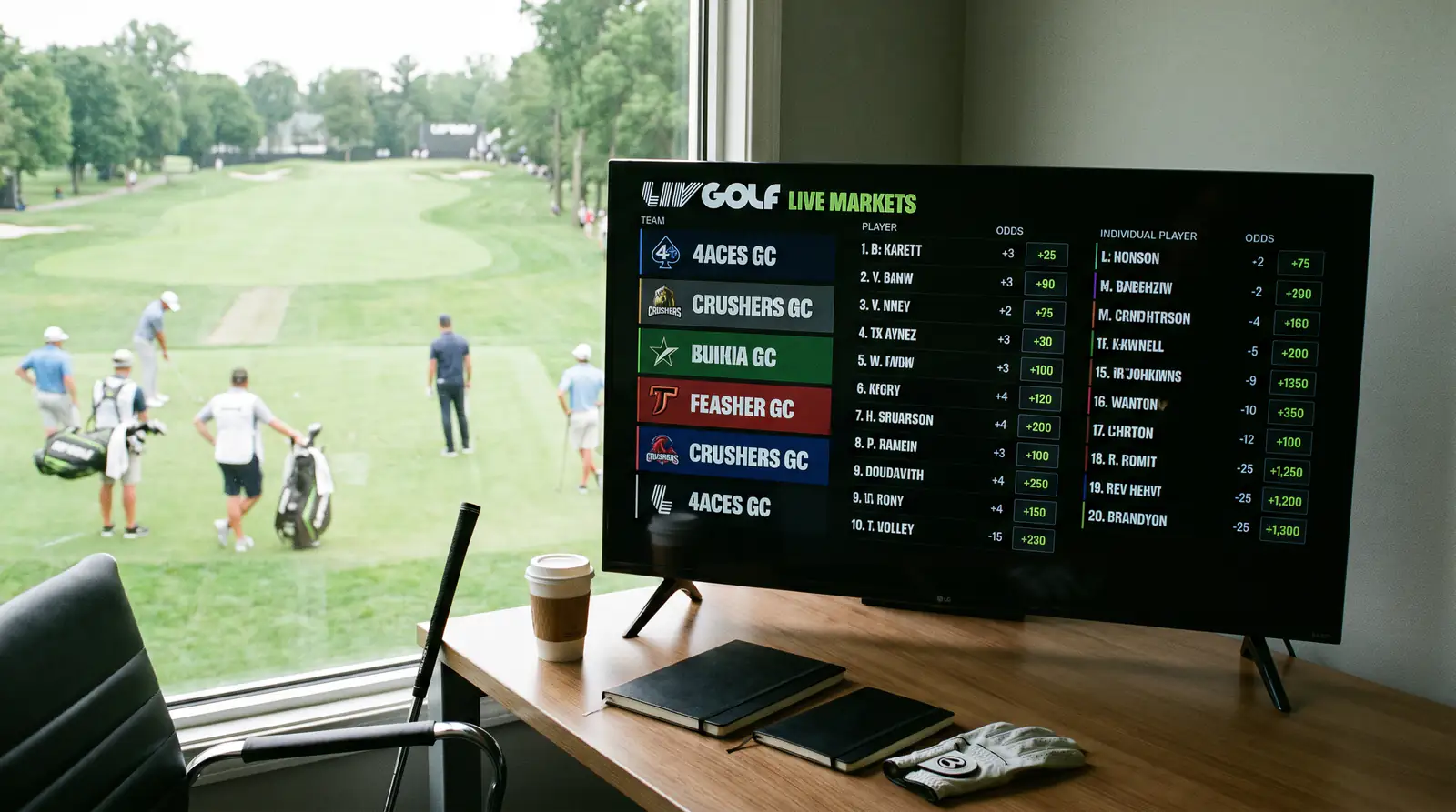 Betting screen showing LIV Golf team and individual markets during a live event
