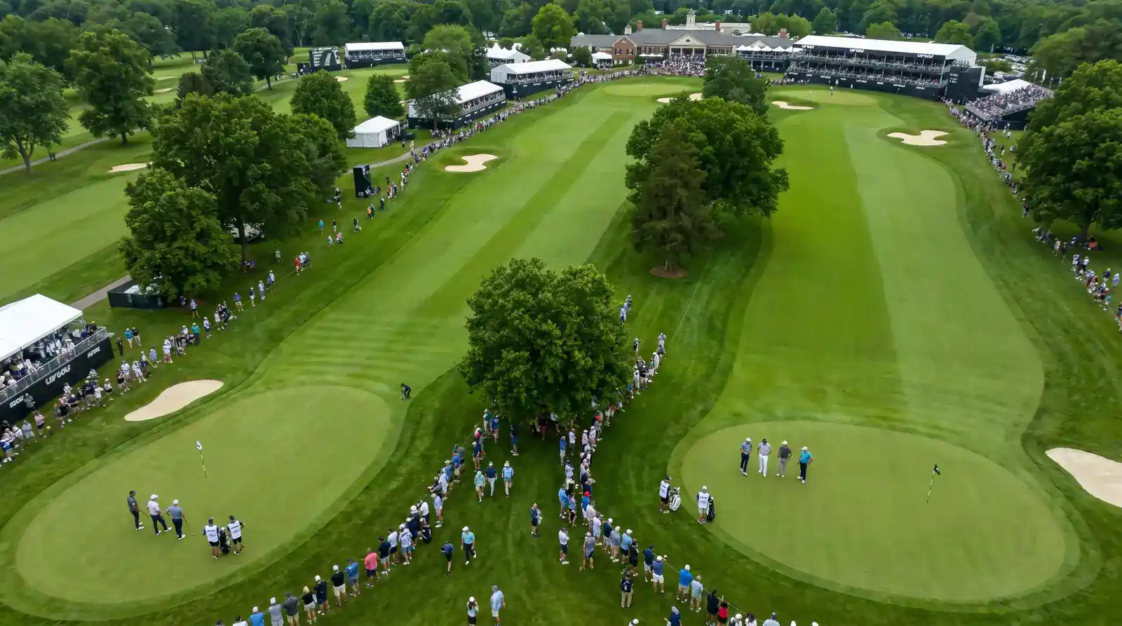 Aerial view of a LIV Golf event showing the compact 48-player field layout