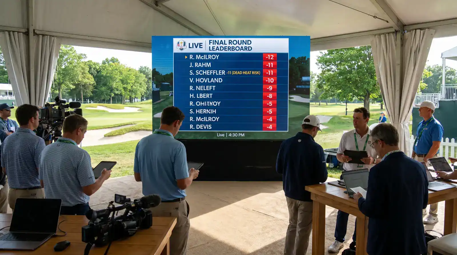 Live leaderboard during a final round showing compressed scores and dead heat risk