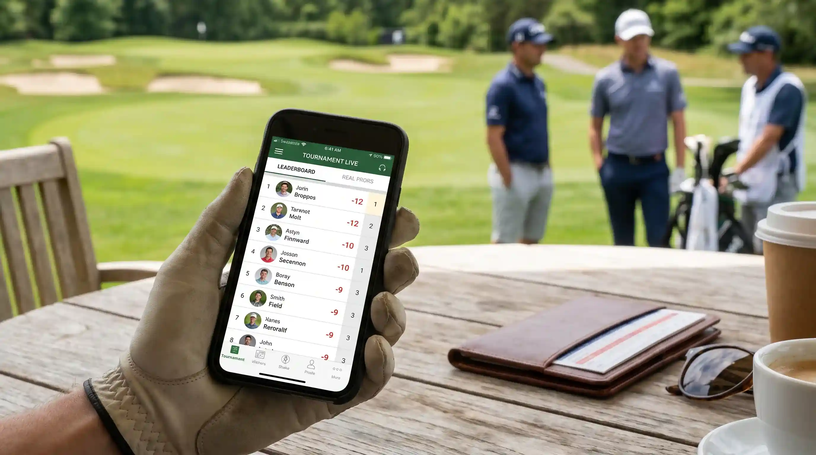 Live golf leaderboard on a phone screen showing real-time scores and player positions