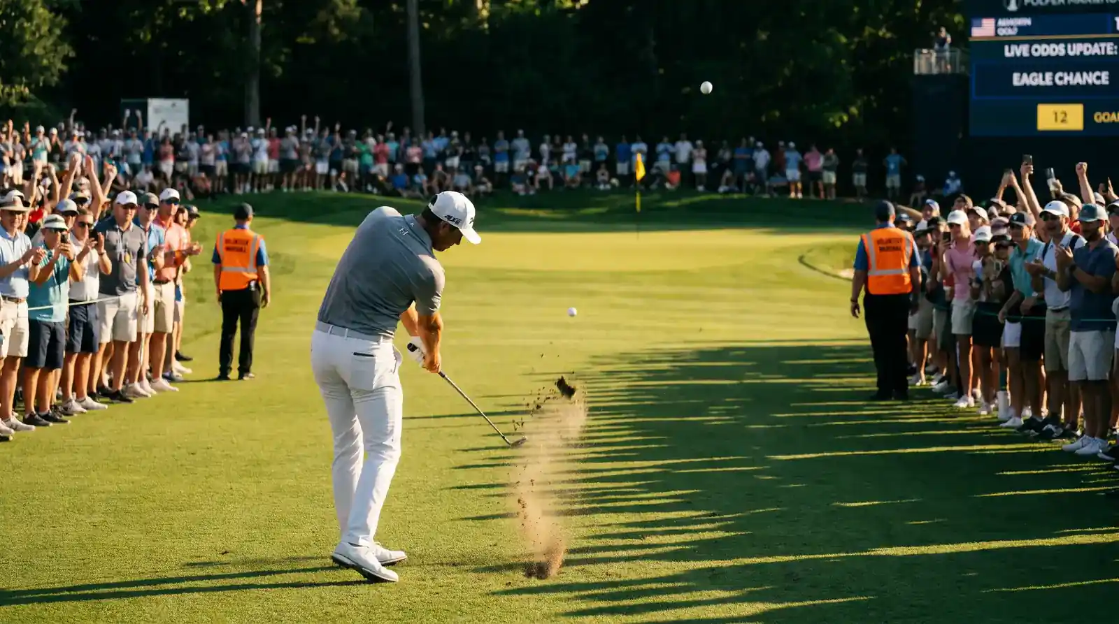 Golfer hitting an approach shot during a live round with odds updating on the leaderboard