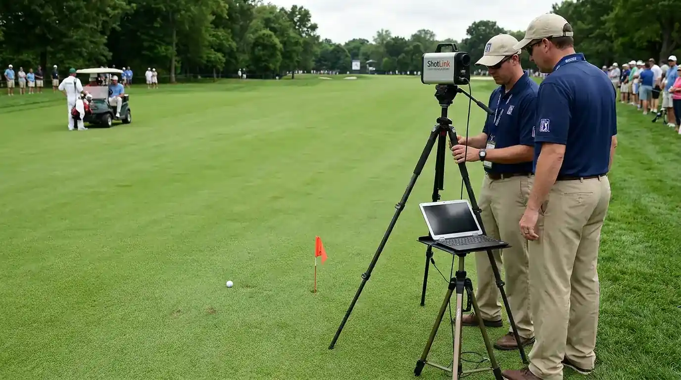 ShotLink tracking system capturing ball position data on a PGA Tour fairway