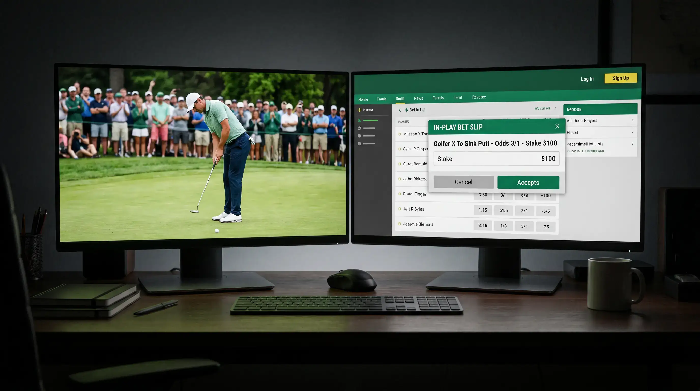 Split-screen setup with live golf streaming on one monitor and a betting interface on another