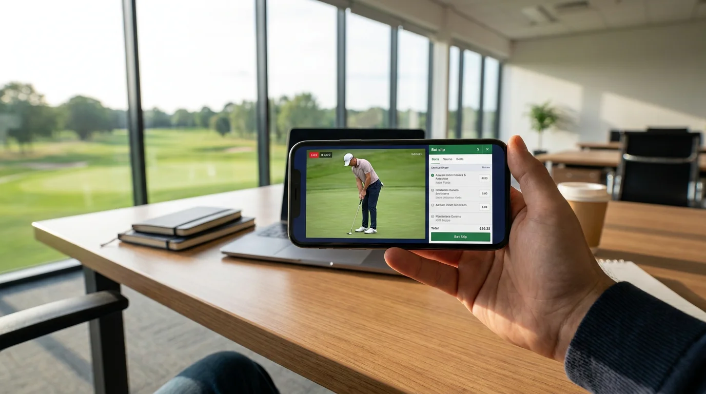 Golf live stream playing within a UK betting app alongside an active bet slip