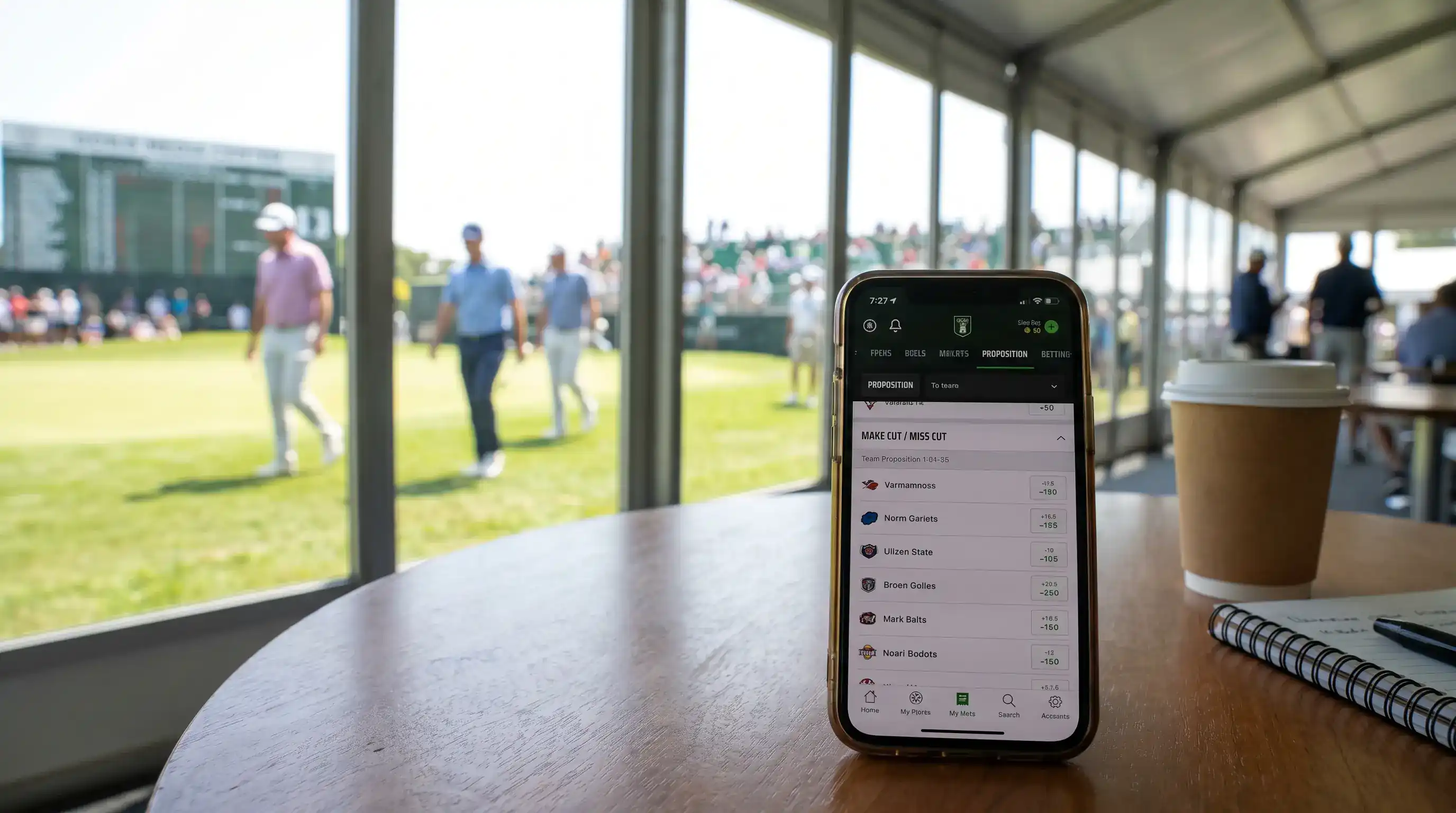 Make/miss cut proposition bet displayed on a mobile betting screen mid-tournament