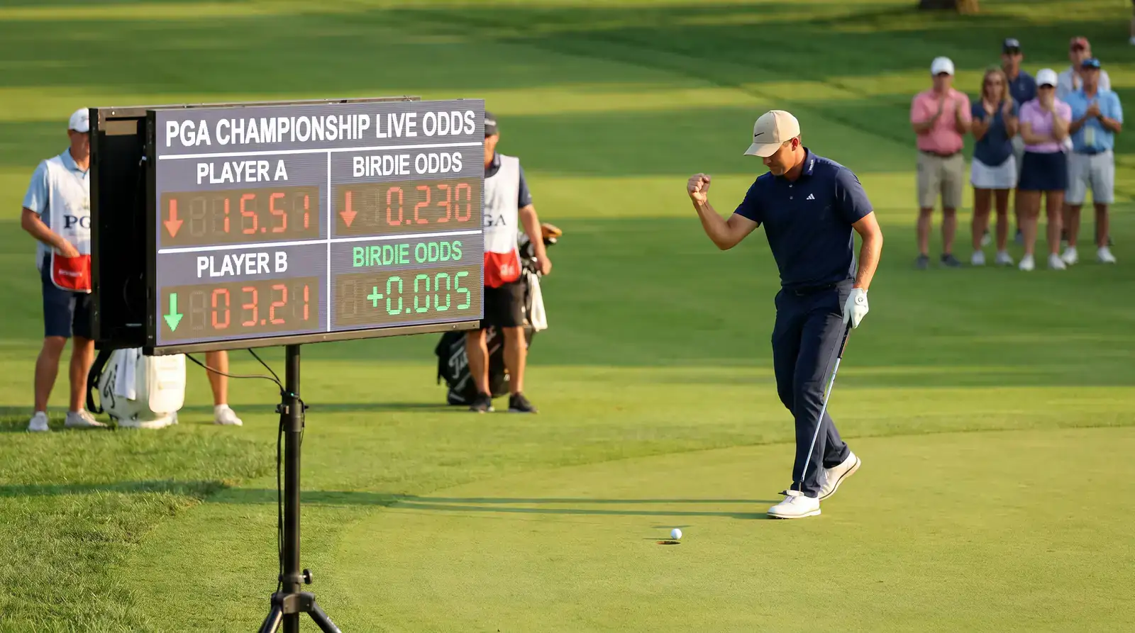 Golfer celebrating a birdie putt as odds shift on a live betting display