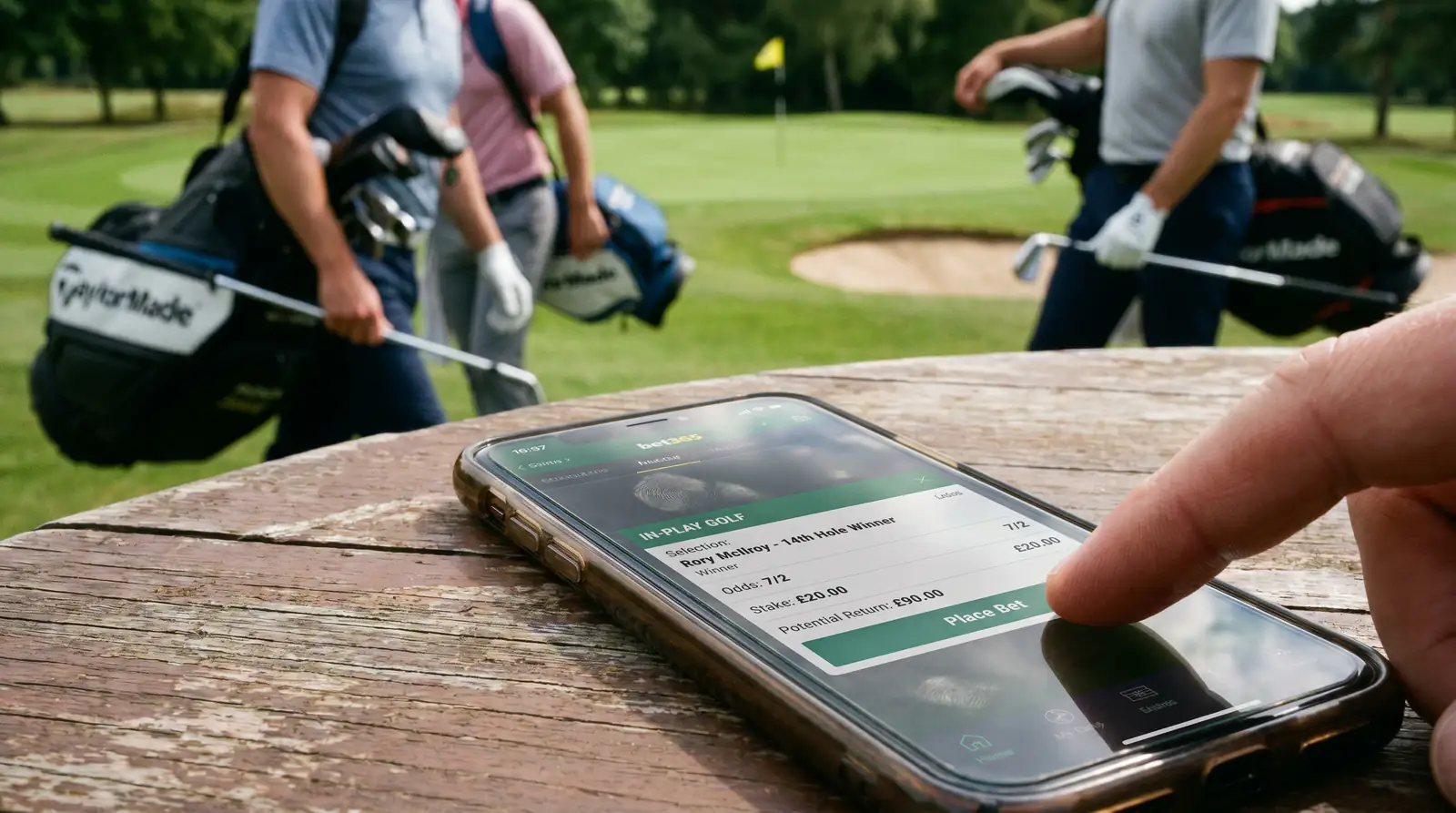Bet slip on a mobile phone screen showing an in-play golf selection with odds and stake