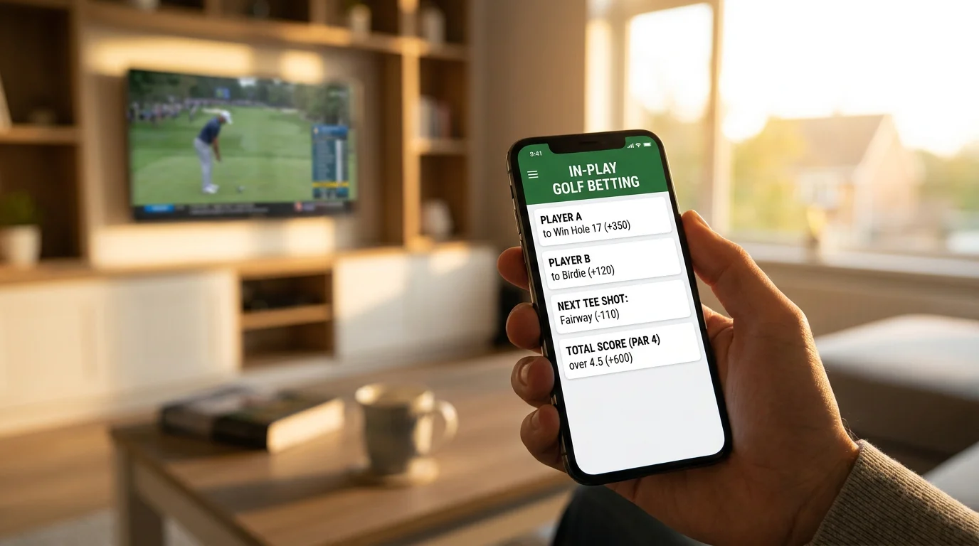 Smartphone showing a golf betting app with in-play markets and responsible gambling controls
