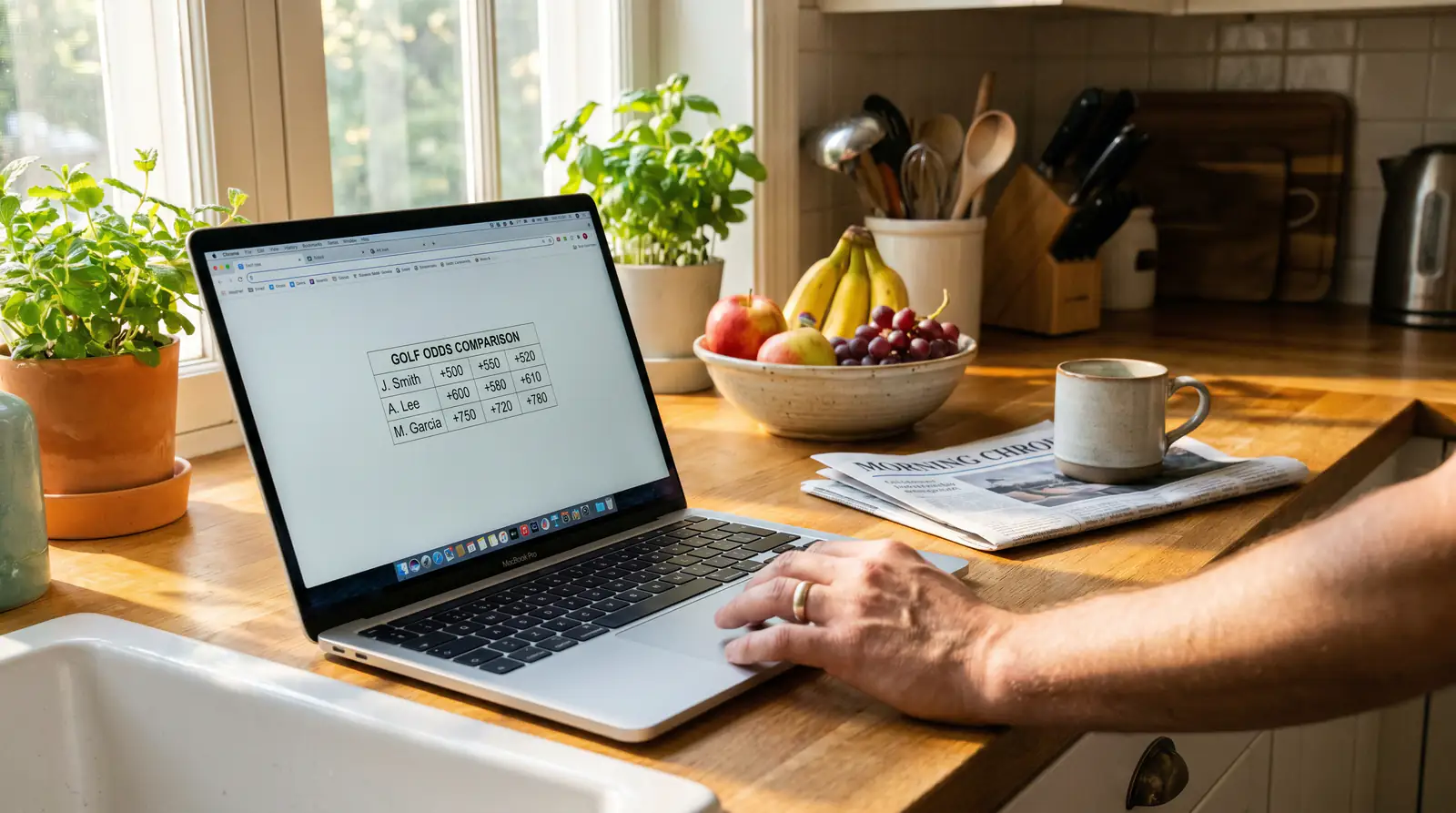 Punter comparing golf odds across multiple UK bookmaker platforms on a laptop screen