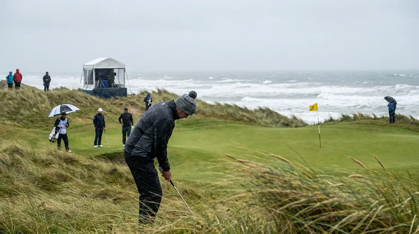 Open Championship links course with strong wind and coastal weather during play