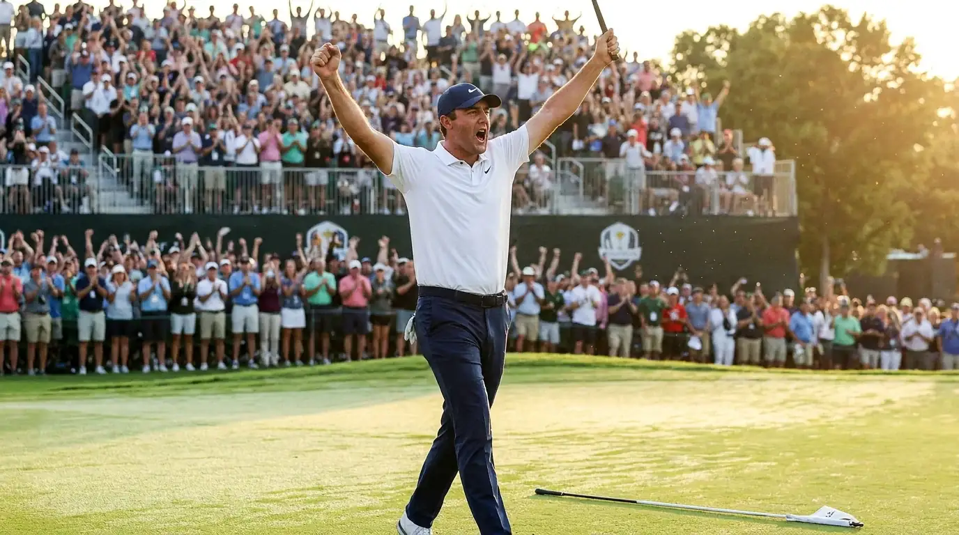 Professional golfer lifting a trophy at a tournament presentation ceremony on the 18th green
