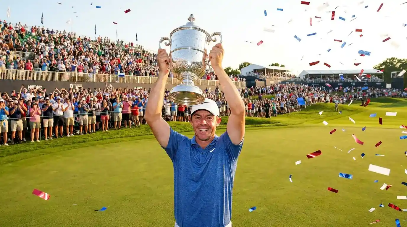 Professional golfer lifting a tournament trophy after winning an outright golf betting market