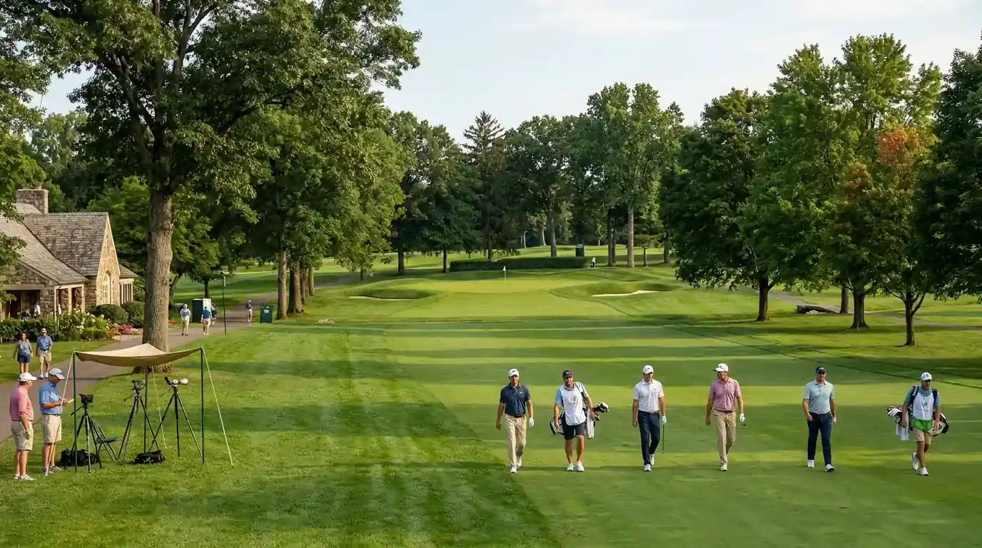 Lush parkland golf course with mature trees and manicured greens in summer