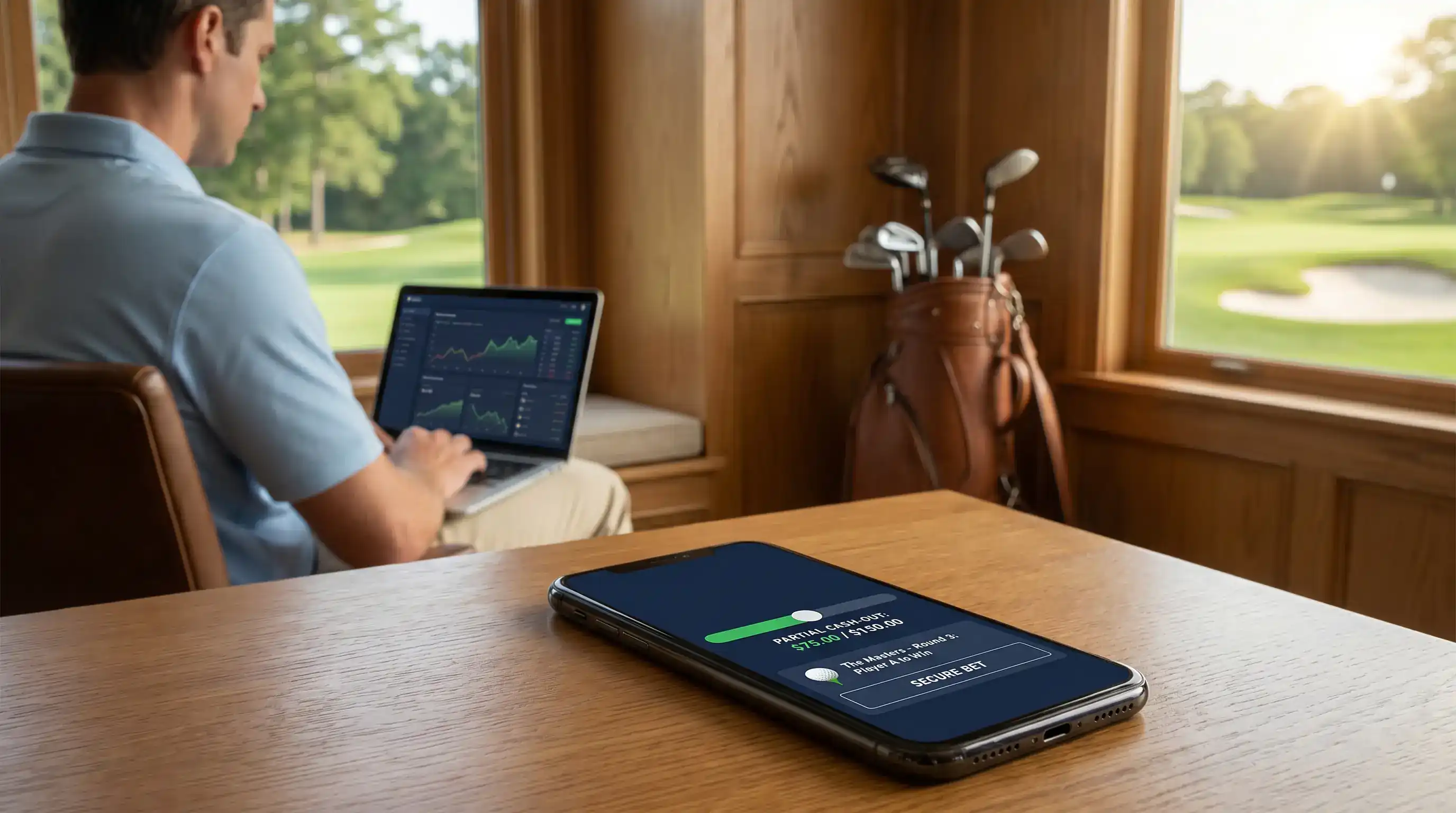 Partial cash-out slider on a mobile app allowing a portion of a golf bet to be secured