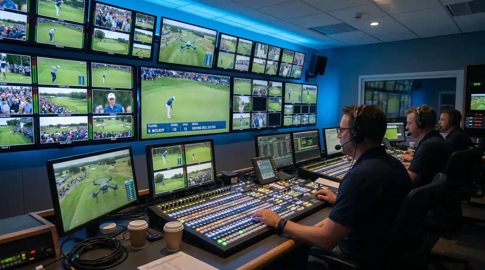 Television broadcast studio setup showing golf coverage screens with live betting data overlays