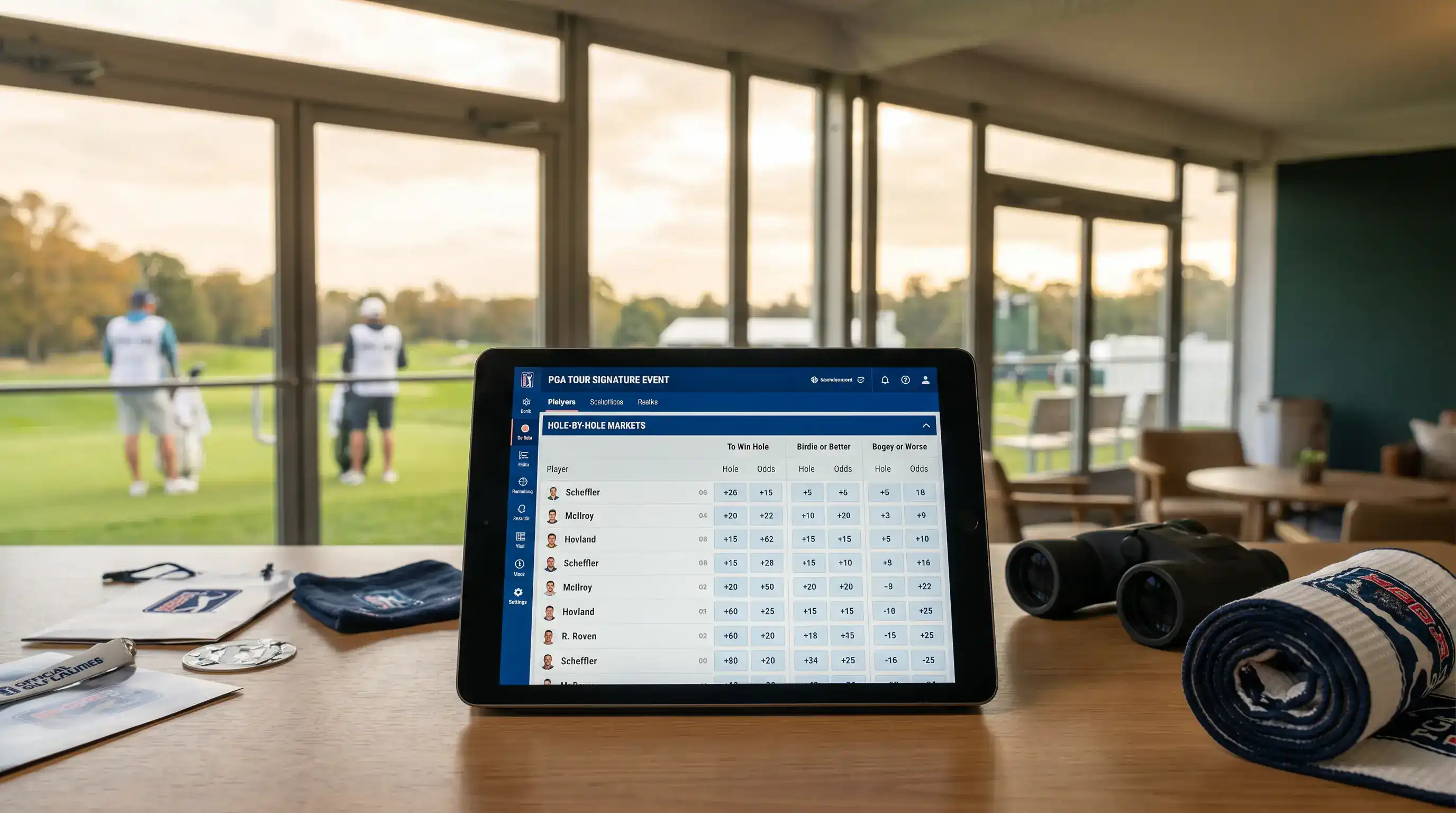 In-play betting screen showing hole-by-hole markets for a PGA Tour Signature Event