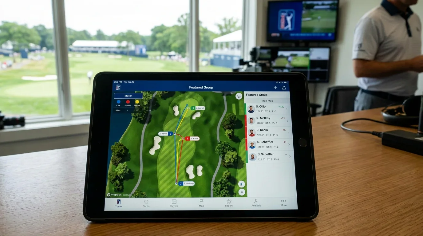 PGA Tour app screen showing live shot-by-shot tracking for a featured group