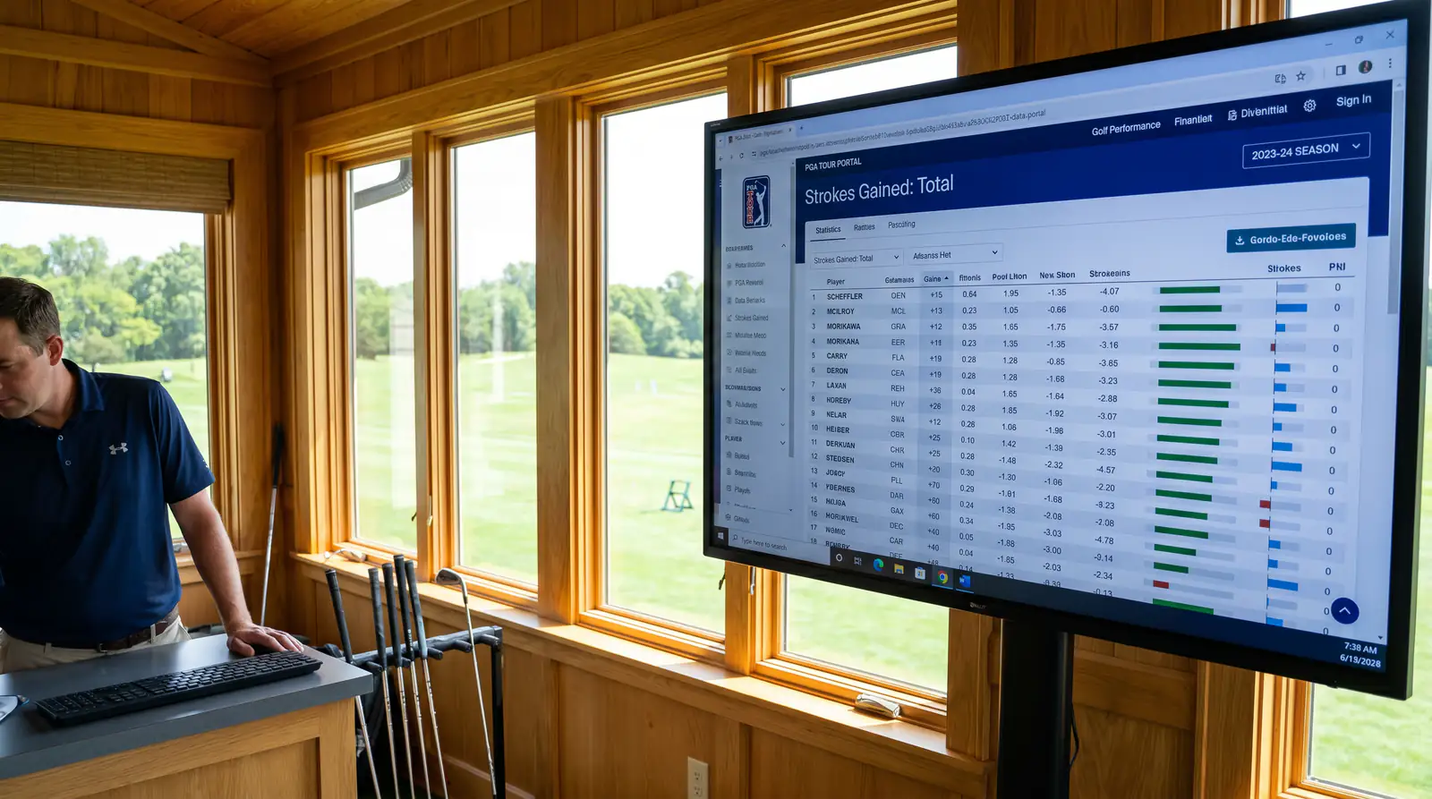 PGA Tour stats portal screen showing strokes gained data for the current season