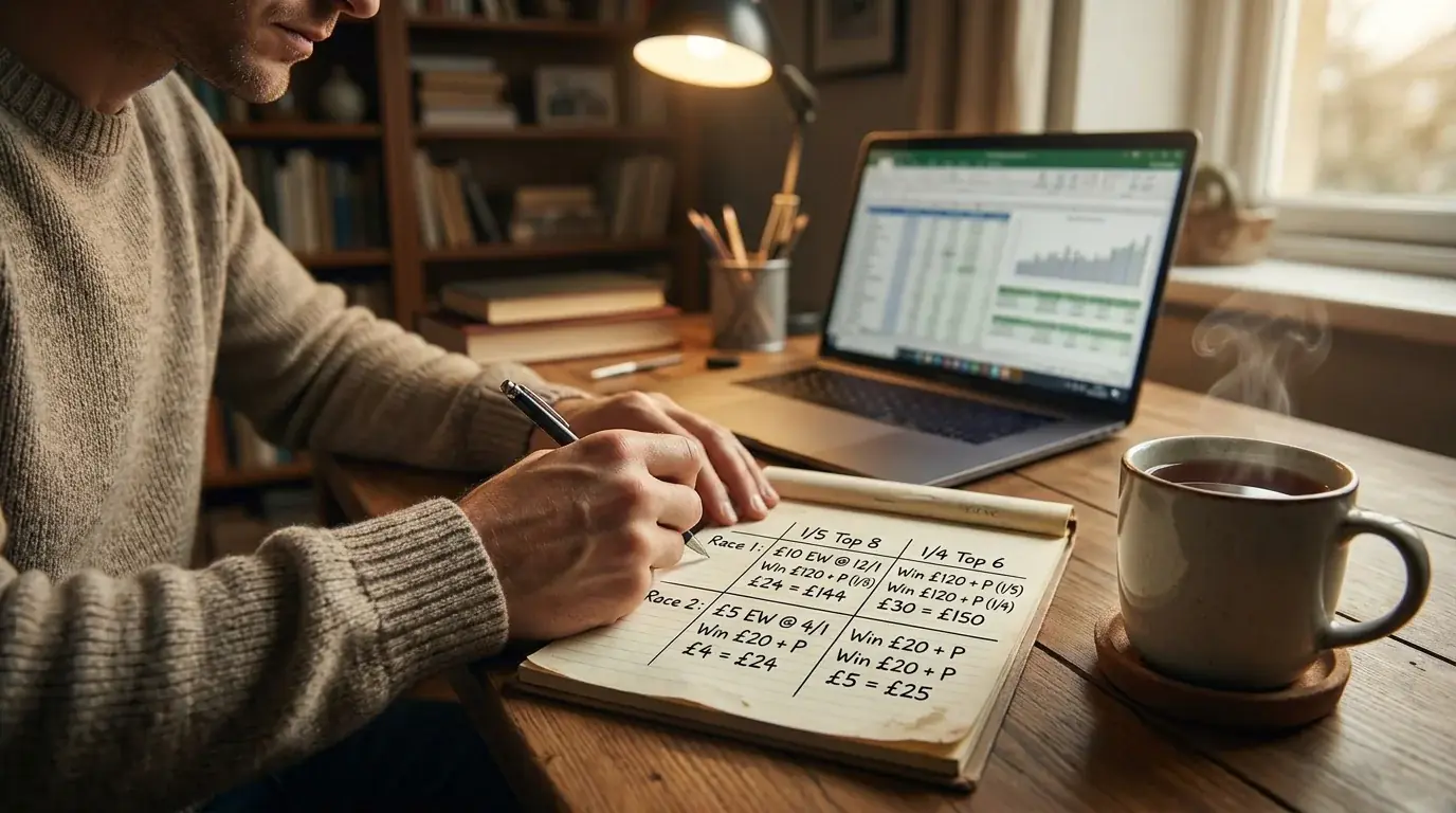 Golf punter reviewing each-way place terms across different UK bookmaker platforms