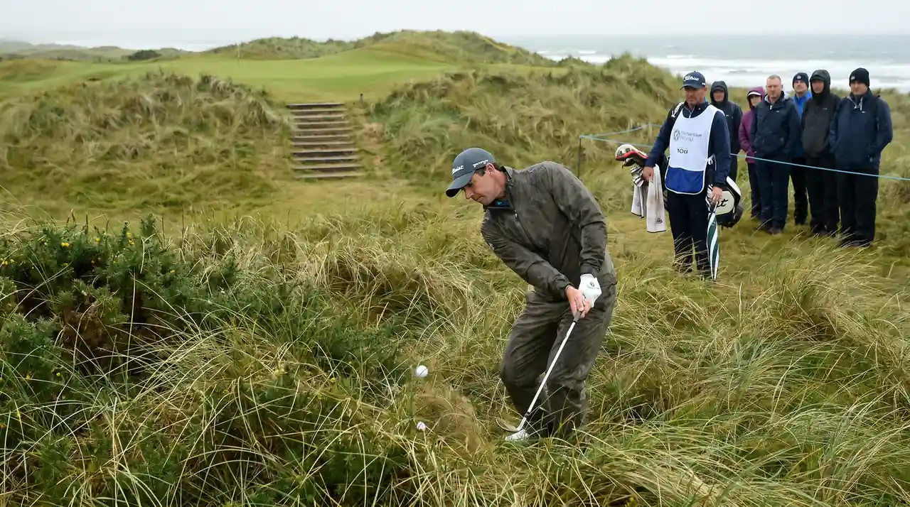 Golfer playing a creative recovery shot from deep rough on a links course