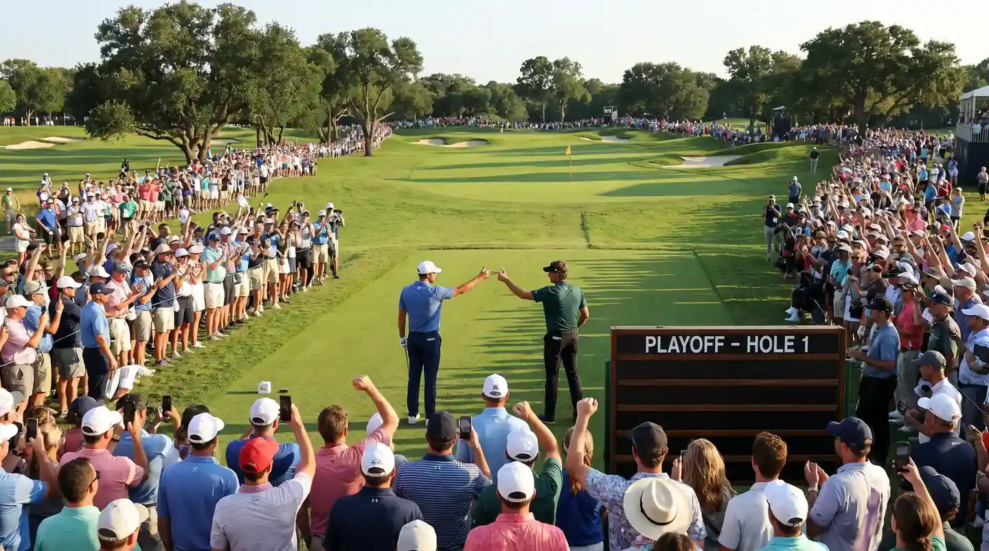 Two golfers on the first playoff hole with a large crowd gathered around the tee