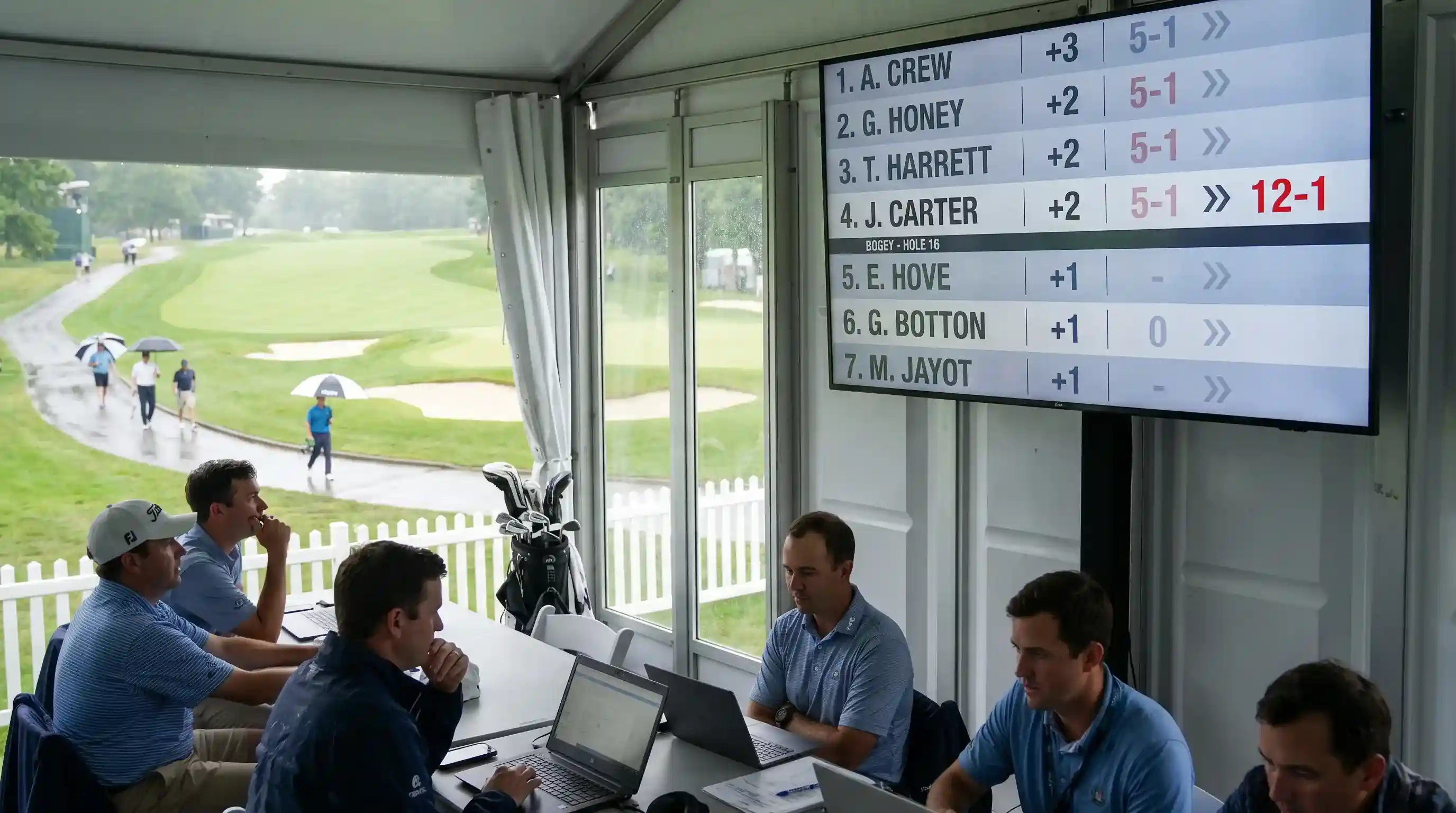 Leaderboard showing a contender's odds drifting after a bogey on a tough hole