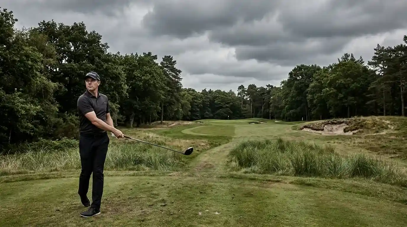 Golfer reacting after a bogey on a difficult par-4 hole during a PGA Tour round