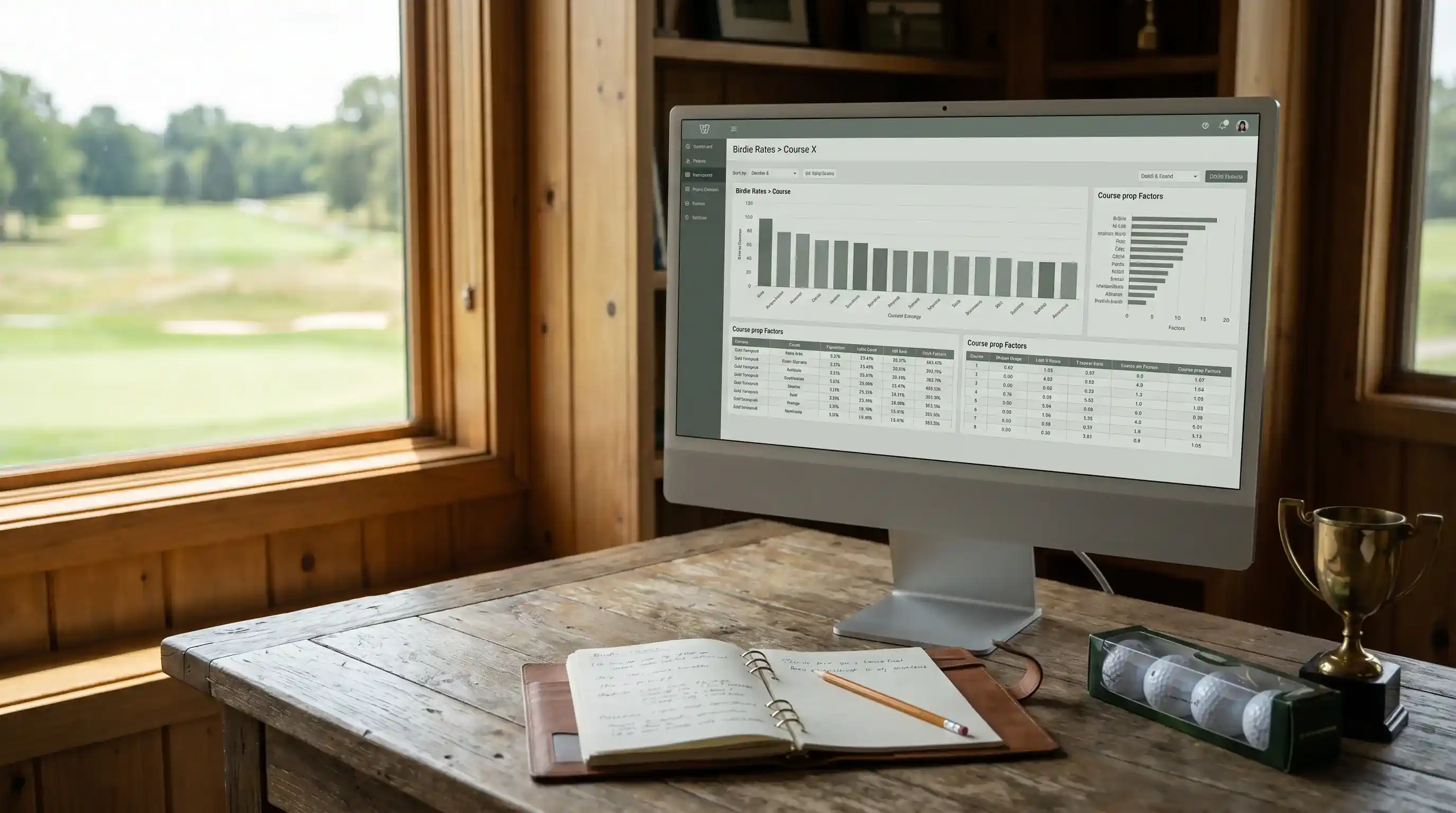 Data analysis screen showing birdie rates and course-specific prop pricing factors