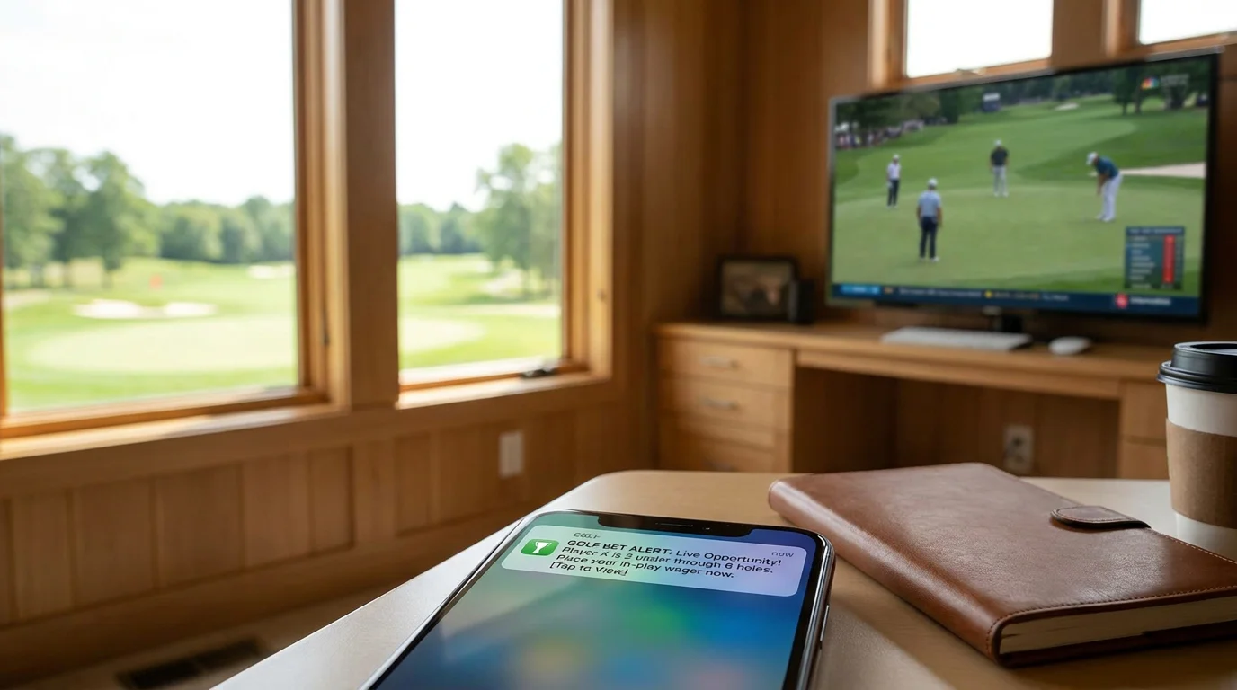 Push notification on a phone screen alerting to a golf bet opportunity during a live round