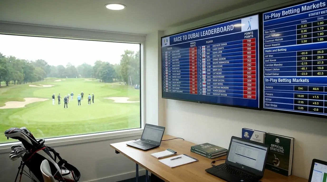 Race to Dubai points leaderboard shown on a screen alongside in-play betting markets