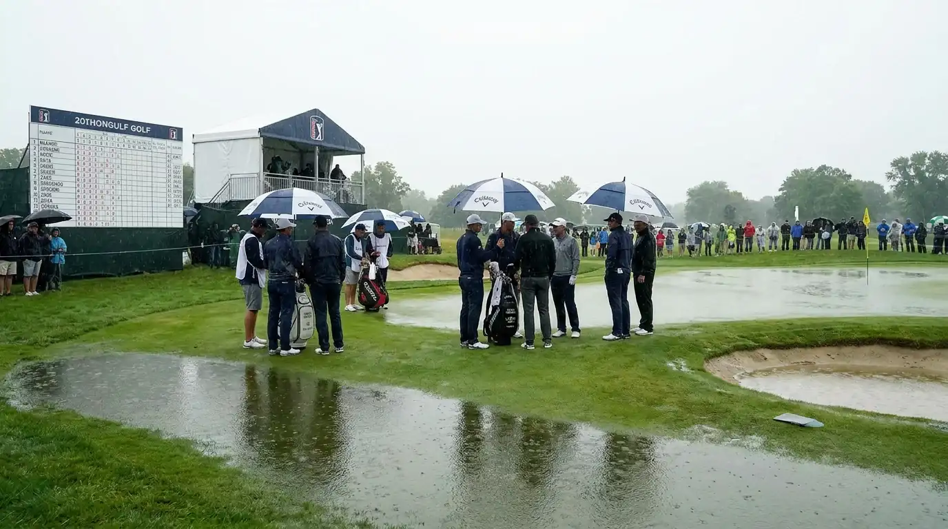 Rain delay at a professional golf tournament with players sheltering and course covered in standing water