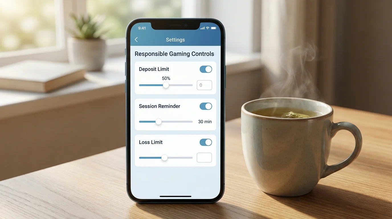 Responsible gambling settings panel showing deposit limits and session time reminders