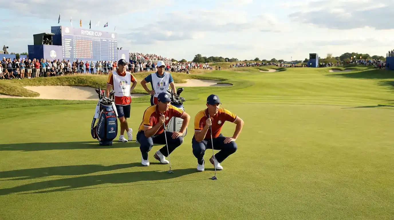 Ryder Cup fourball match with both players in a pairing reading putts on the same green