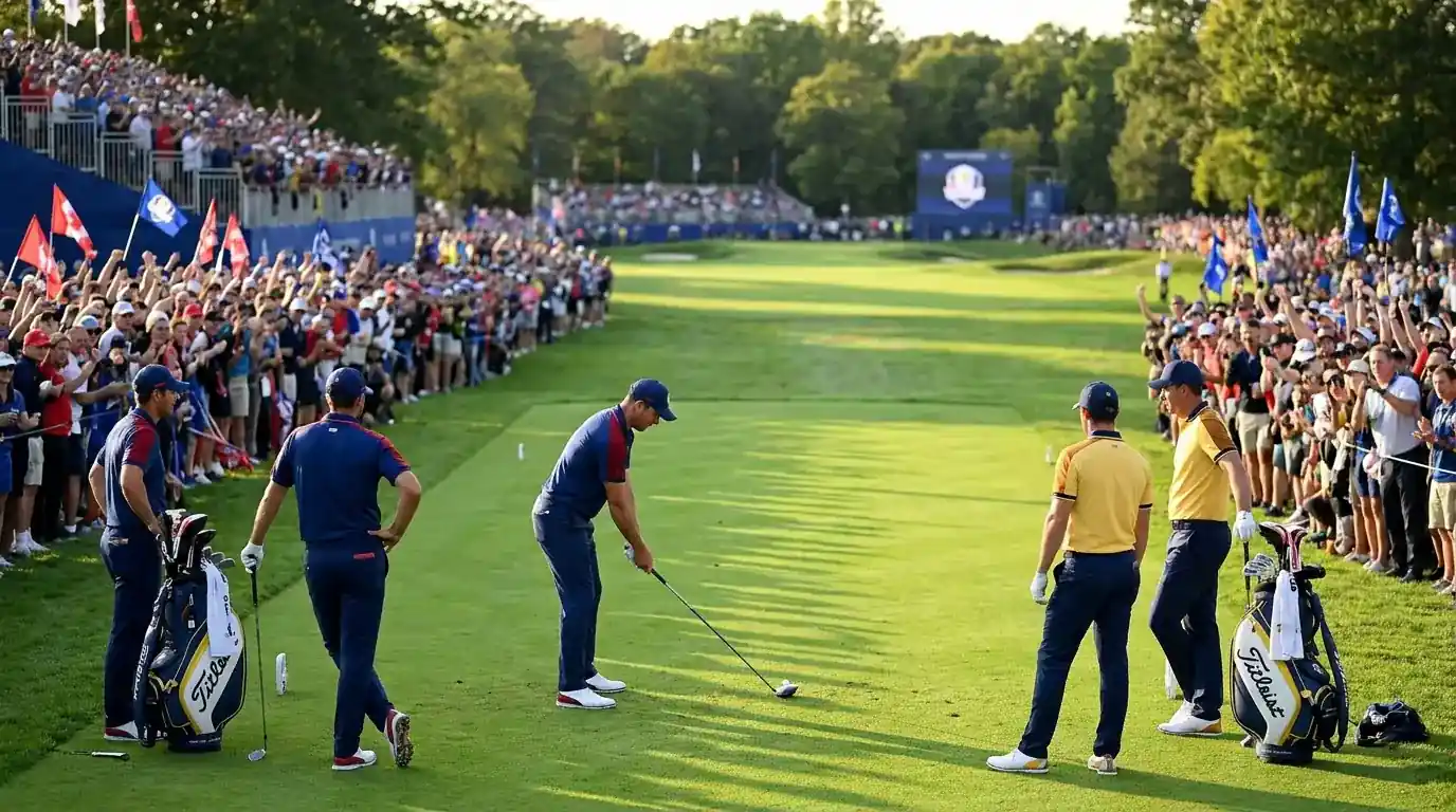 Ryder Cup foursomes pairing on the first tee with team colours and crowd energy