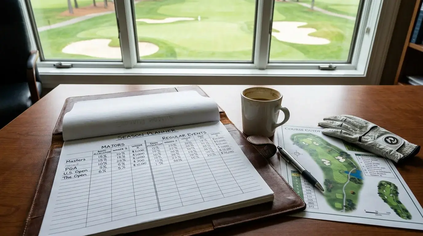 Season planner showing golf betting bank allocation across majors and regular events