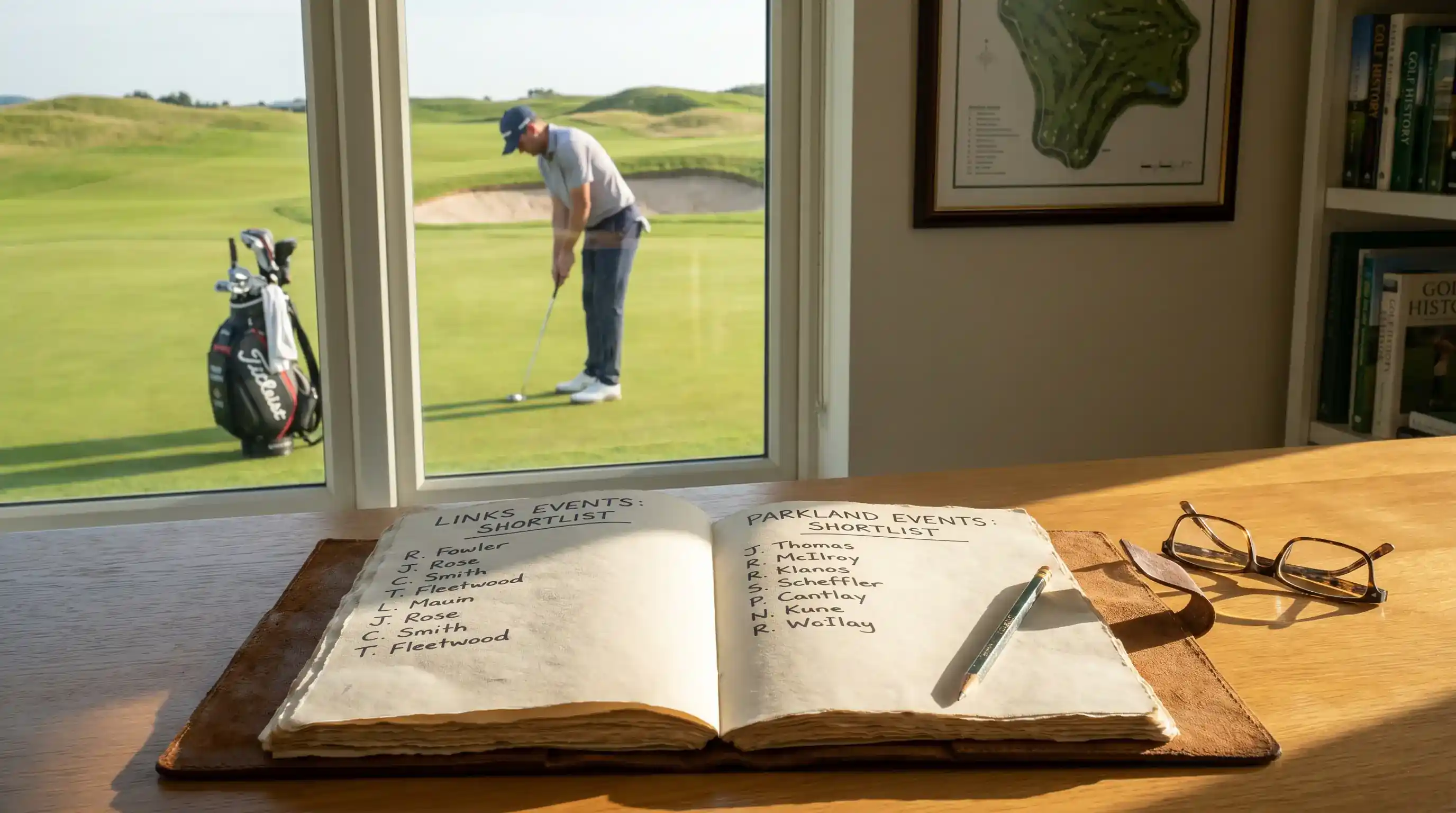 Notebook showing separate player shortlists for links events and parkland events