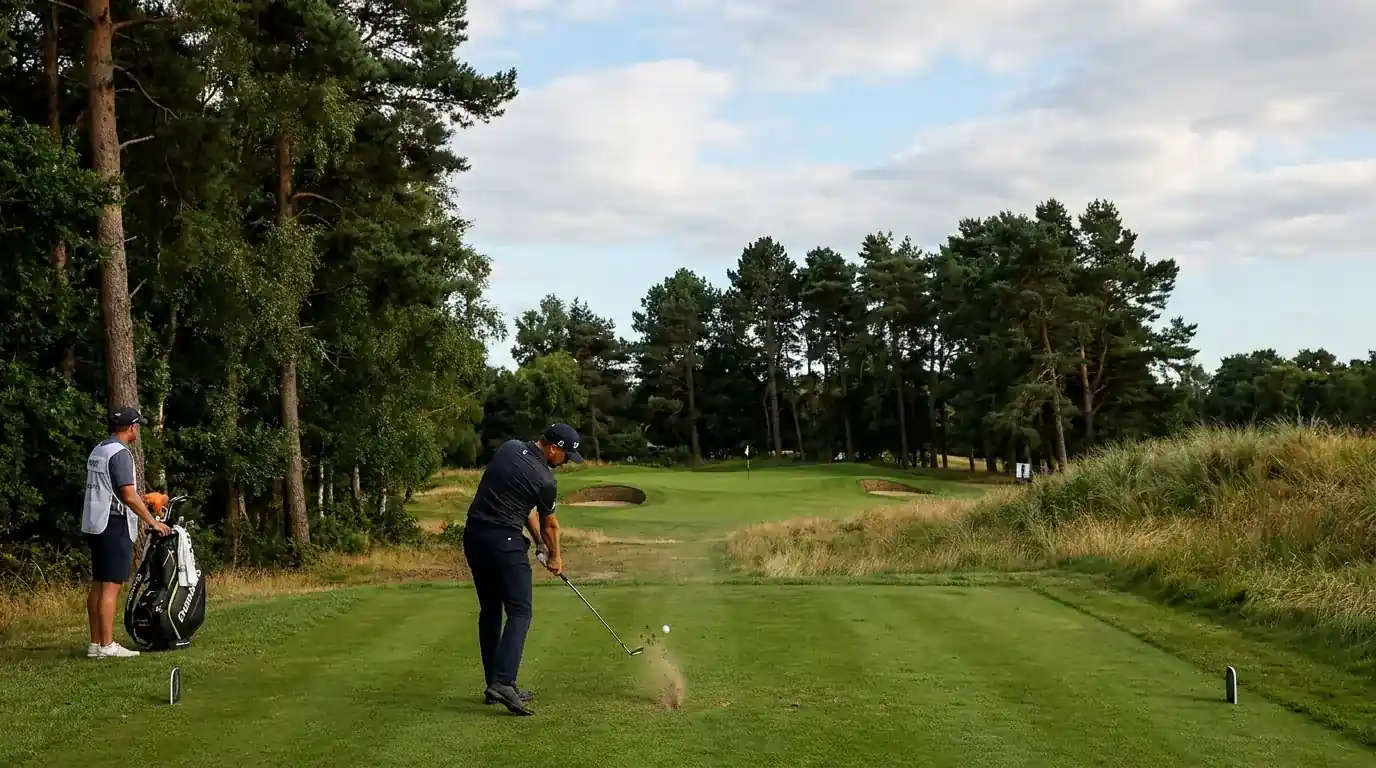 Golfer hitting an approach shot into a small, well-protected green on a tight course