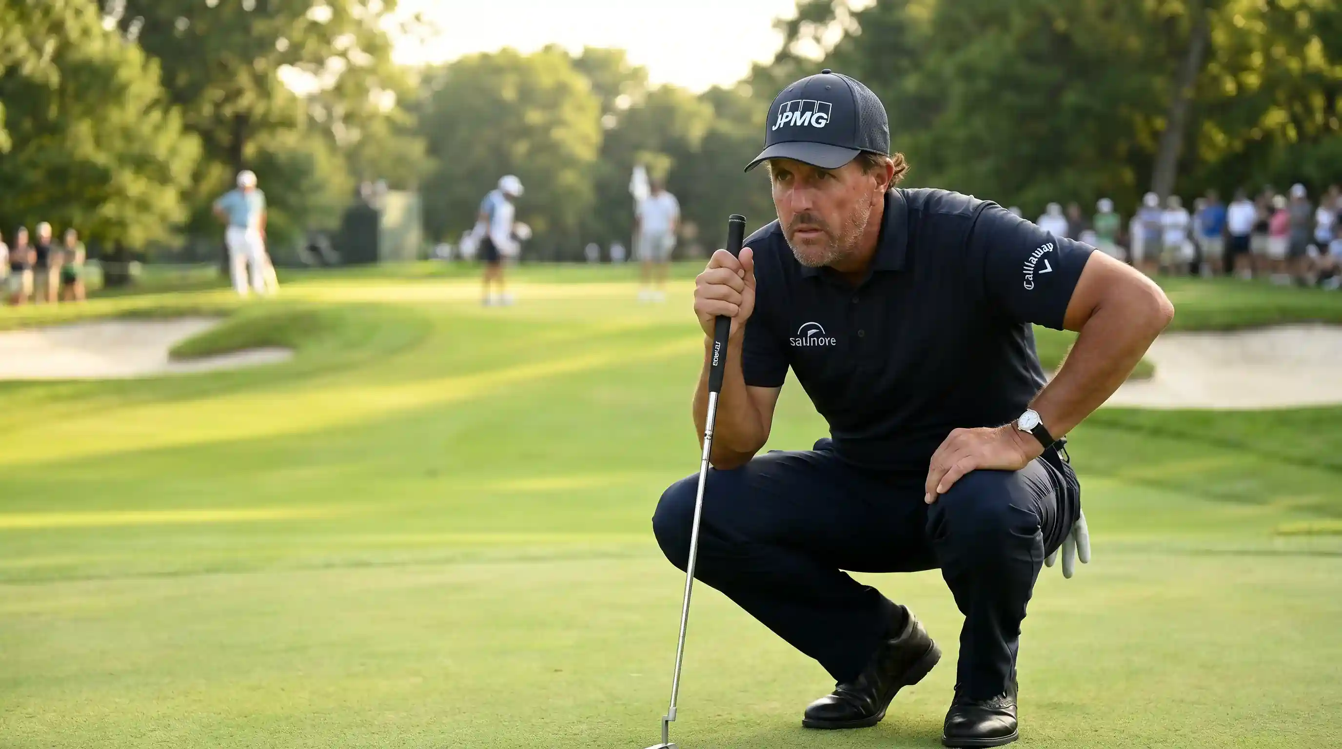 Close-up of a golfer reading a putt on a fast green during a Sunday final round