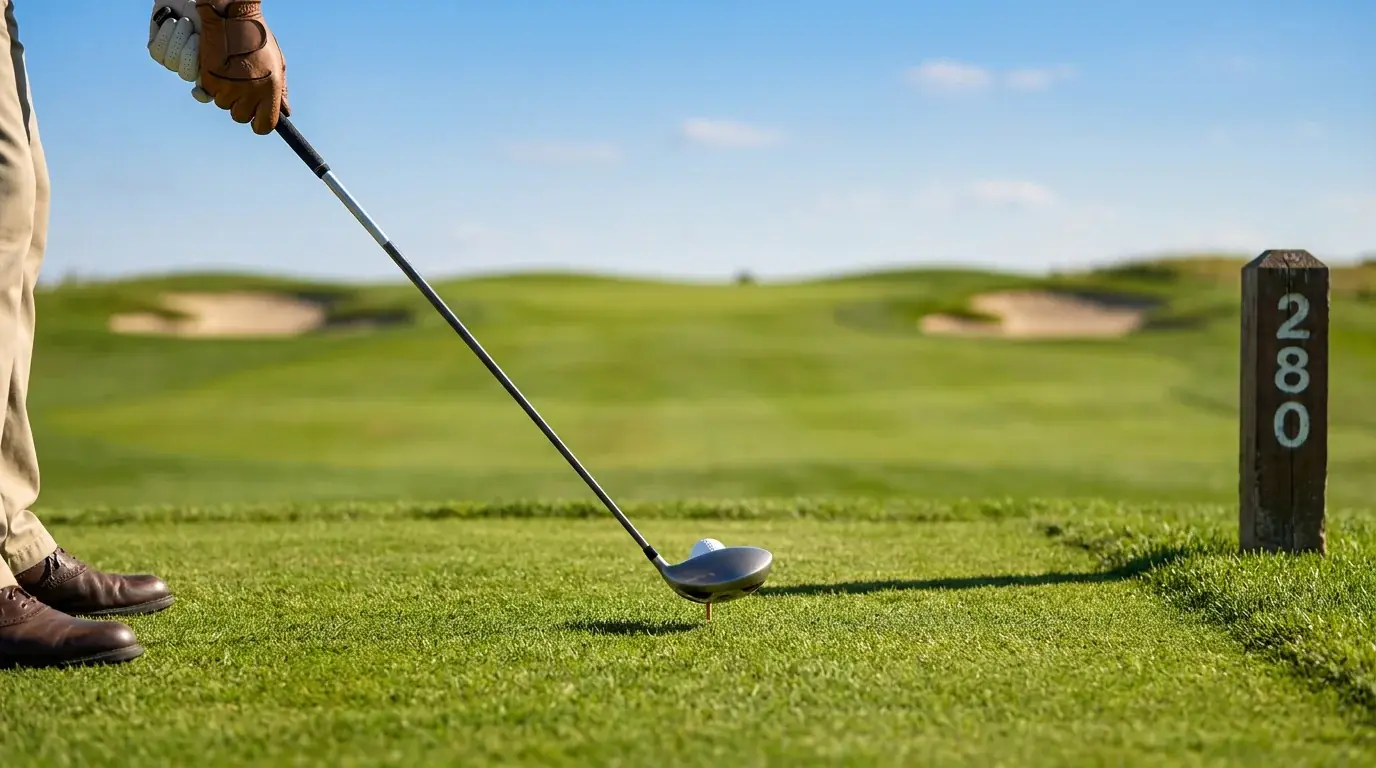 Close-up of a golf tee shot with data overlay showing drive distance and fairway probability