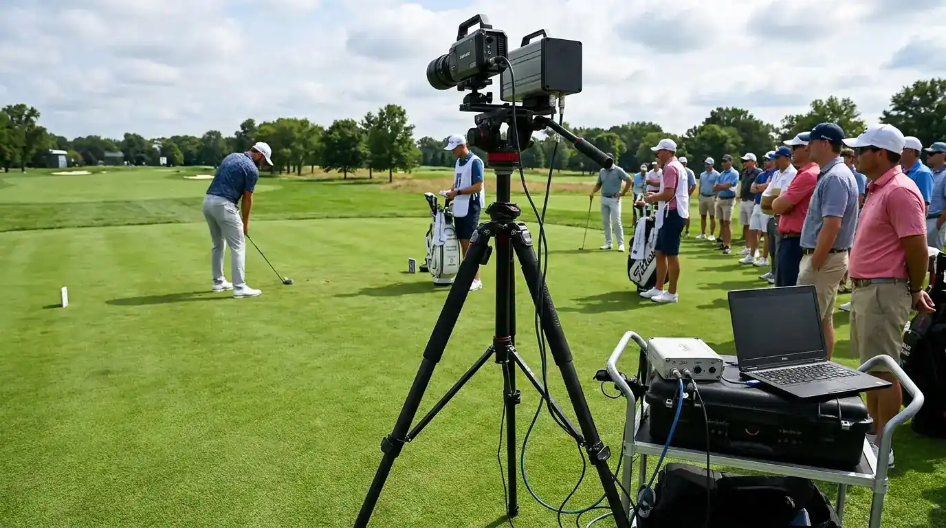 High-speed camera and radar system positioned at a PGA Tour venue for shot tracking