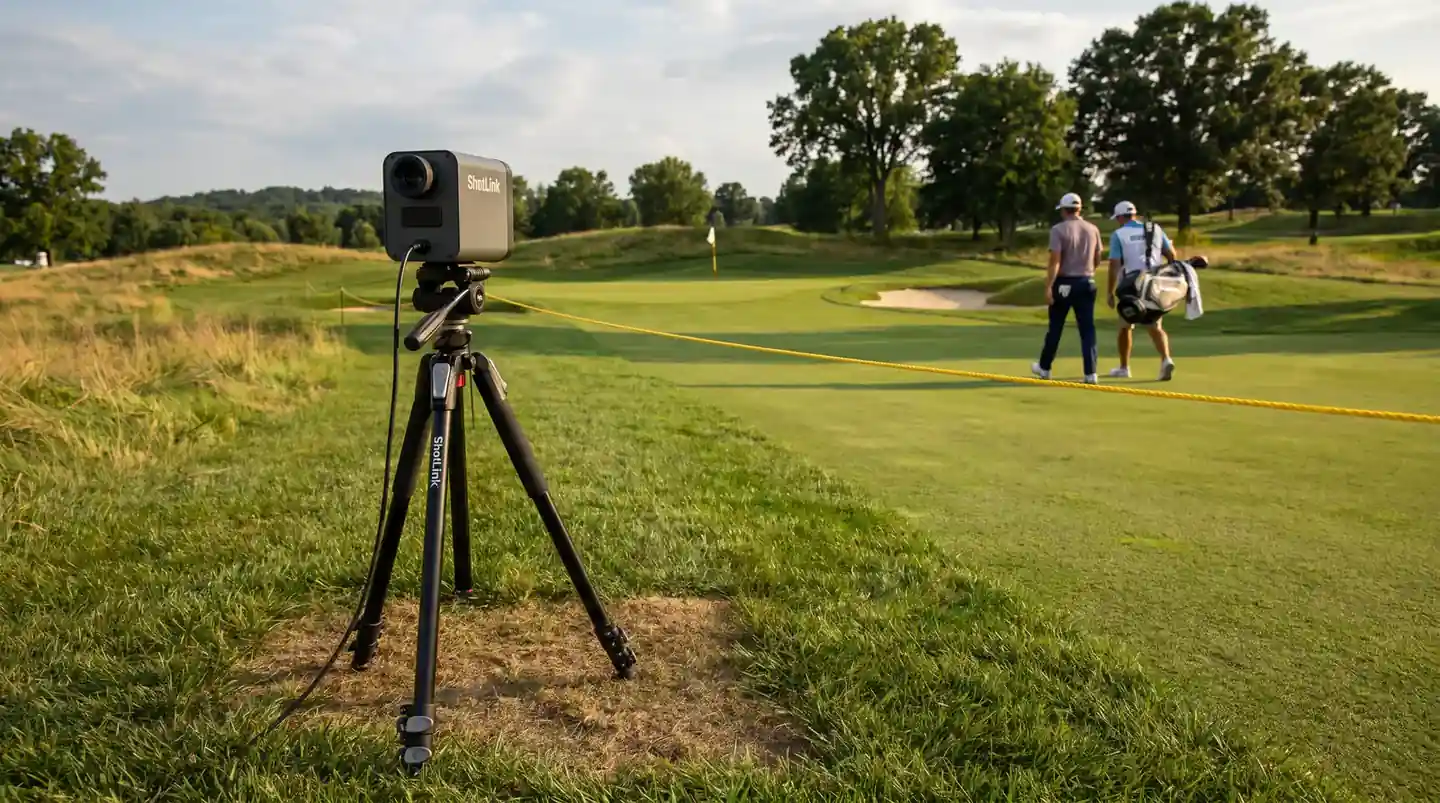 ShotLink laser measurement equipment positioned alongside a PGA Tour fairway