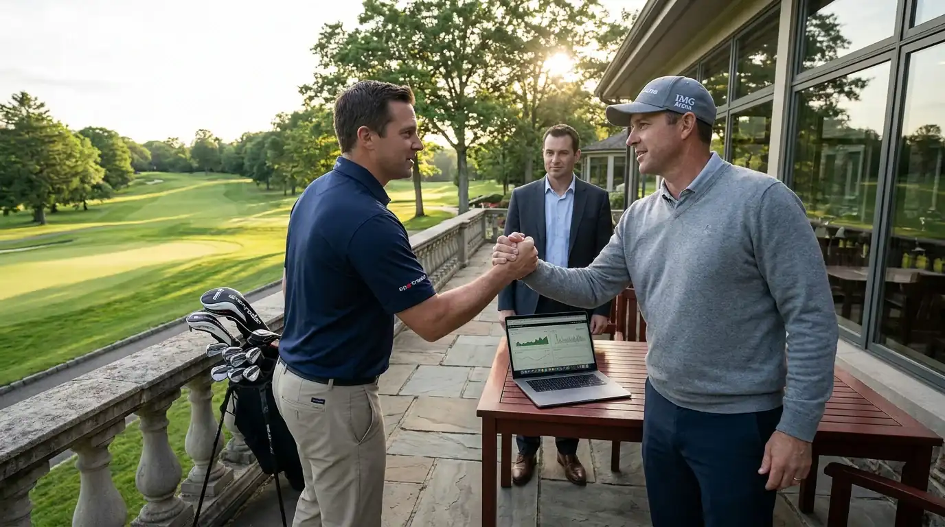 Corporate handshake scene representing the Sportradar and IMG Arena acquisition